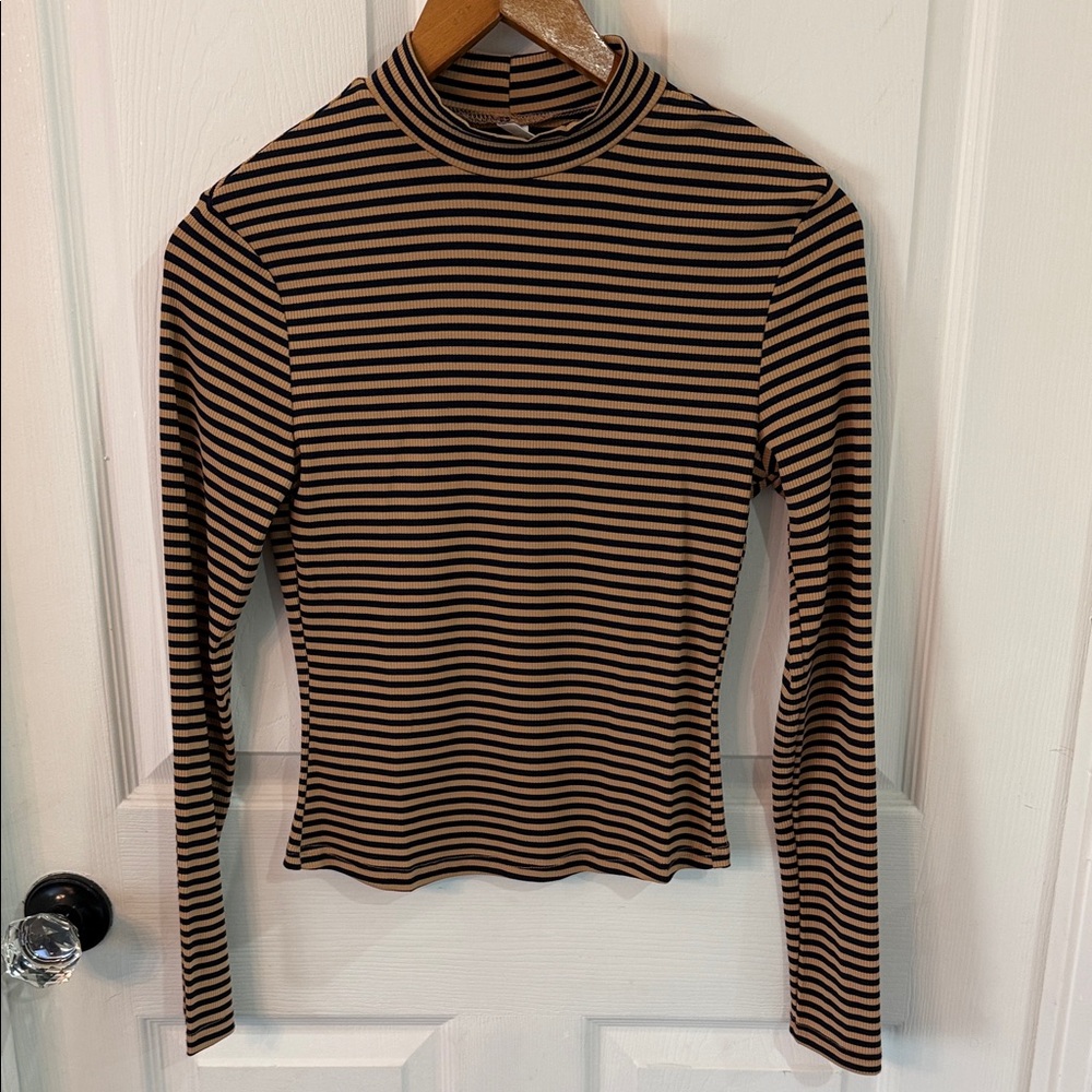Women's Long-Sleeve Striped Mock Neck Top - Black & Tan